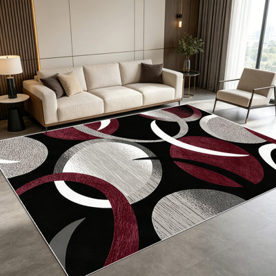 Tapis de salle à manger à motif de cercles de 1 cercle moderne abstrait bourgogne gris noir et blanc pour le salon, tapis de sol intérieur doux et confortable, lavable à la machine, sous la table de ferme convenant à la salle à manger, à la chambre à coucher, au vestibule, à la cuisine et au bureau à domicile.