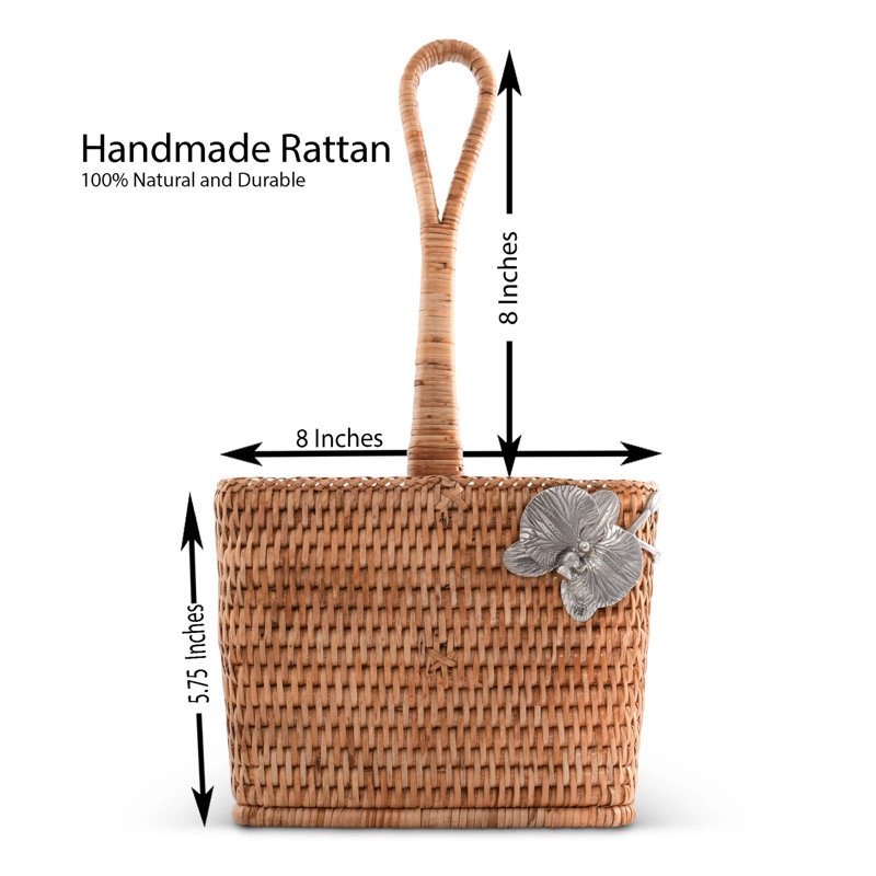Natural Rattan Square Flatware Caddy with Pewter Orchid