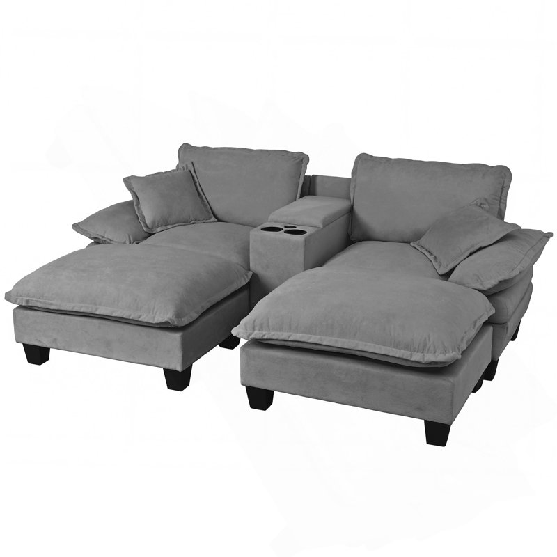 Canapé modulaire Cloud, canapé voilier avec porte-gobelets et rangement, port USB, 2 repose-pieds et 2 coussins, chenille pour appartement et salon, gris
