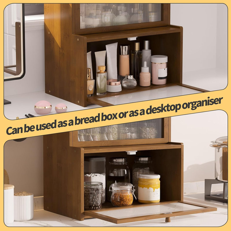 Double Layer Bamboo Bread Box For Kitchen Counter,Bread Holder,Countertop Bread Storage