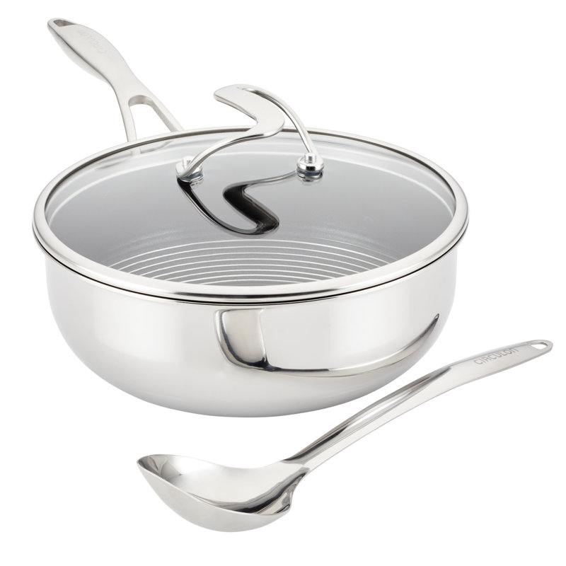 Circulon Clad Stainless Steel Chef Pan and Utensils with Hybrid SteelShield, 3 Piece, Silver