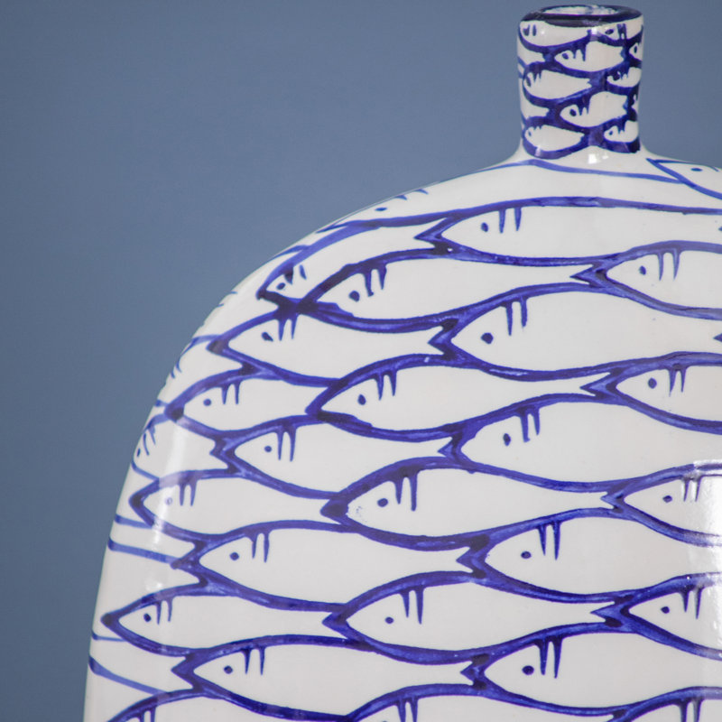 9x3.5x16" Round Blue and White Hand Painted Accent Vase with Fish Pattern, 15.9" H x 9" W x 3.5" D