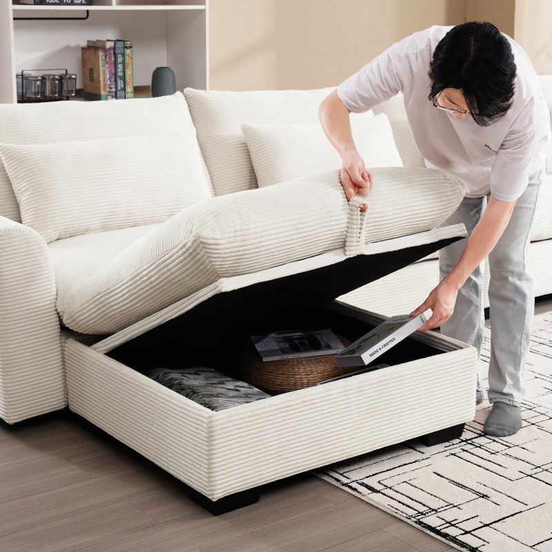 Velours côtelé avec 2 repose-pieds de rangement en beige - Décoration de salon, Beige