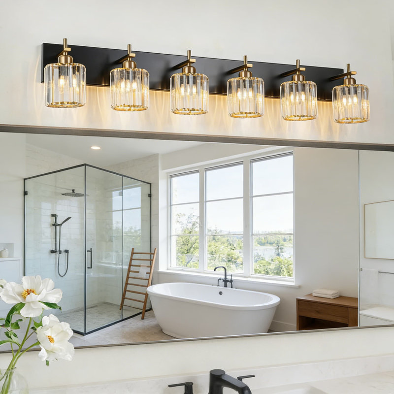 Luminaire de salle de bain en cristal 6 lumières, éclairage mural moderne or noir avec finition polie, compatible avec les ampoules E26, installation facile