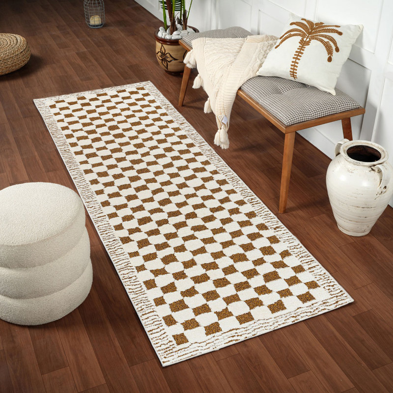 Brown Modern Shaggy Rug, Bordered Chequered Easy to Clean Rug For Living Room, Dining Room, Bedroom, Rectangle 120 x 170 cm