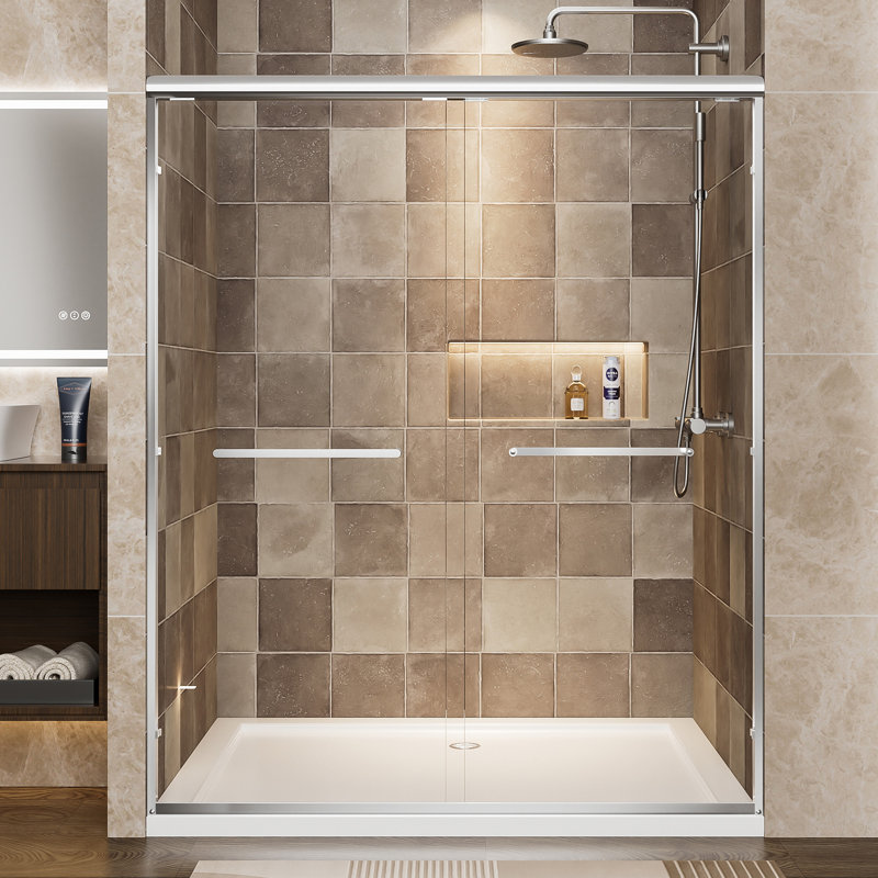 56"-60" W X 72" H Matte Black Aluminum Frame Double Sliding Shower Door, 1/4" (6Mm) Clear Tempered Glass With Explosion-Proof Film, Dual Stainless Steel Handles