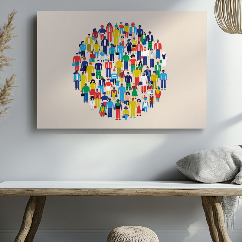Toile, création d'une illustration abstraite vibrante représentant une foule diversifiée d'art mural, personnages stylisés disposés en formation circulaire, art mural