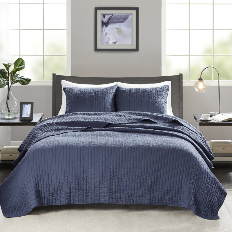 Courtepointe 3 pièces très grand / très grand bleu marine - réversible avec literie en microfibre et coton
