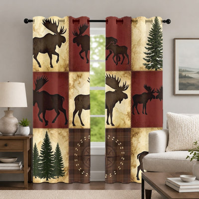 2Pcs Moose and Pine Tree Patchwork Curtains, Rustic Woodland Style Grommet Drapes, Outdoor Wilderness Theme Print Art Window Treatment for Living Room Bedroom Home Decor
