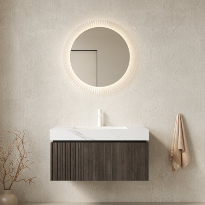 Meuble-lavabo de salle de bain 36 po MURI, armoire de rangement en contreplaqué flottant avec tiroir et porte, comptoir en pierre frittée blanc Carrara et lavabo en céramique avec 1 trou de robinet pré-percé, pré-assemblé, grain de bois espresso