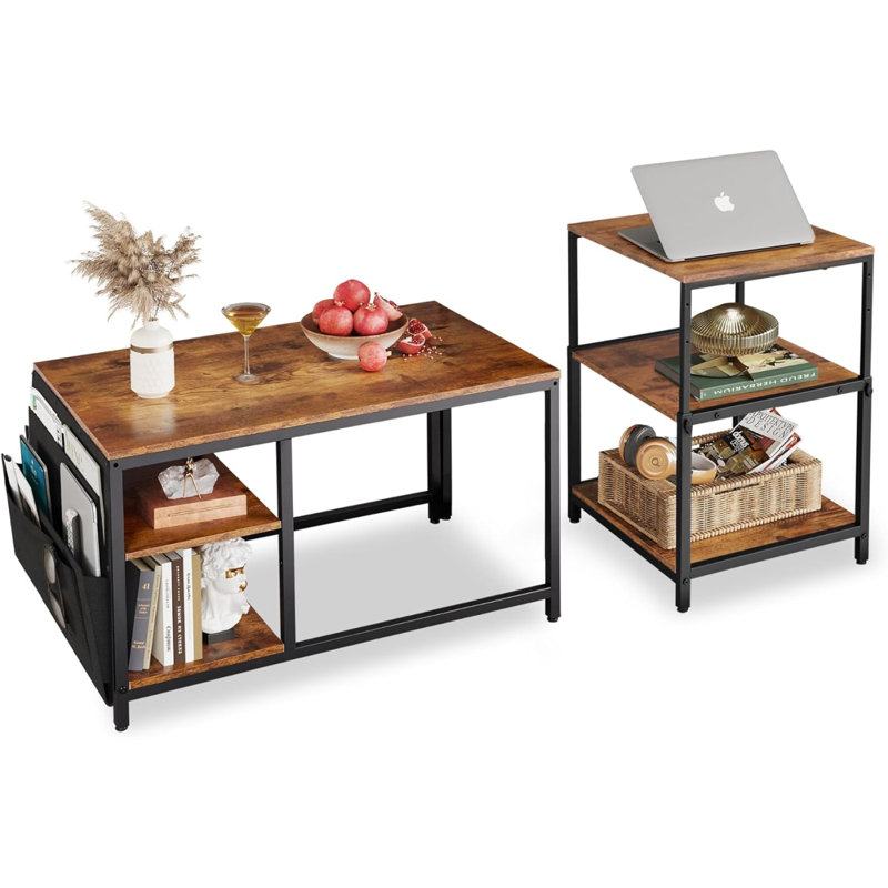 Table basse de salon, ensemble de 2 tables basses avec table de bout, petite table basse industrielle avec table d'appoint, bureau en bois