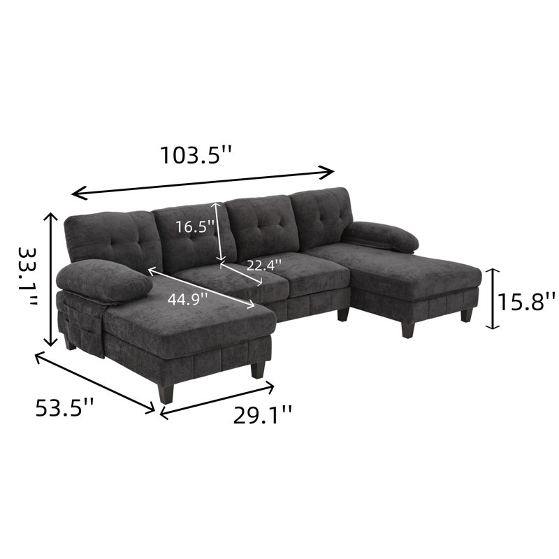 Canapé modulaire en U de 103,5 pouces en chenille avec deux fauteuils inclinables, poches de rangement et coussins pour le salon