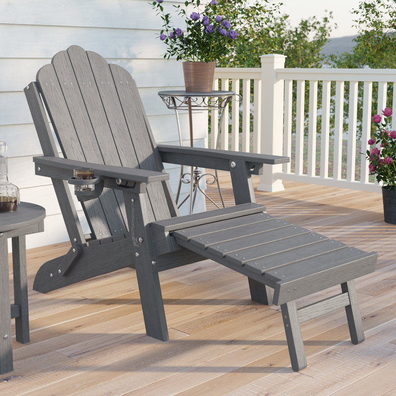 Chaise pliante Adirondack avec repose-pieds rétractable et porte-gobelet, chaise longue d'extérieur en PEHD, Gris