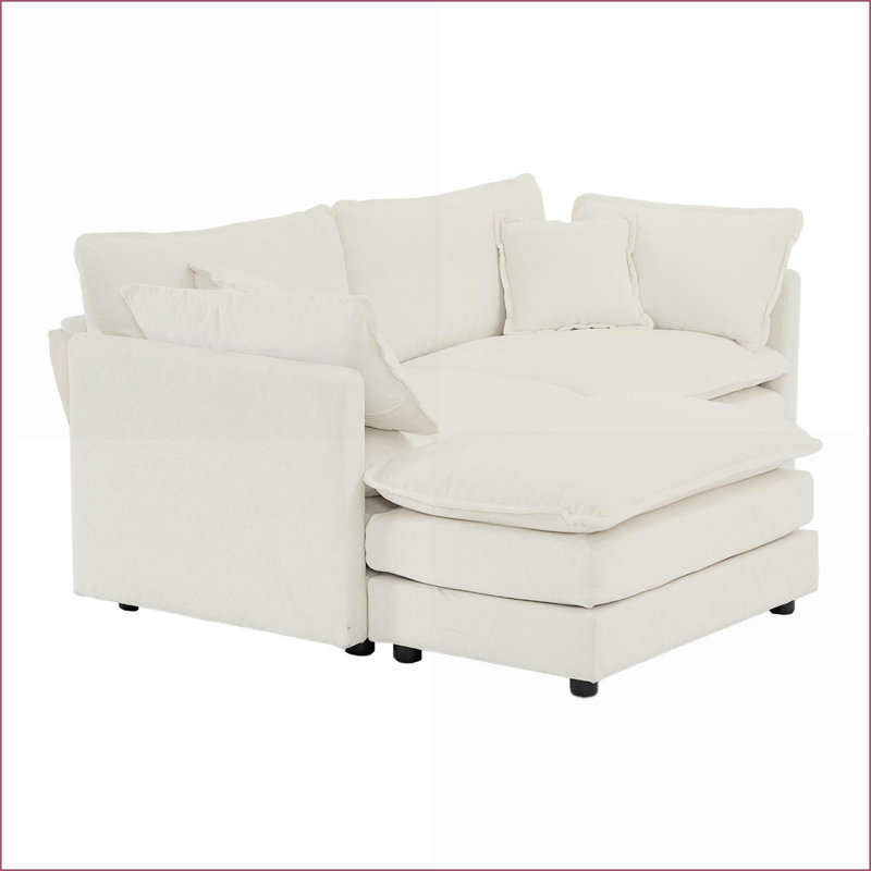 Canapé modulaire modulaire 2 places avec repose-pieds pour petits espaces | Chenille | Blanc neige, Chenille ivoire