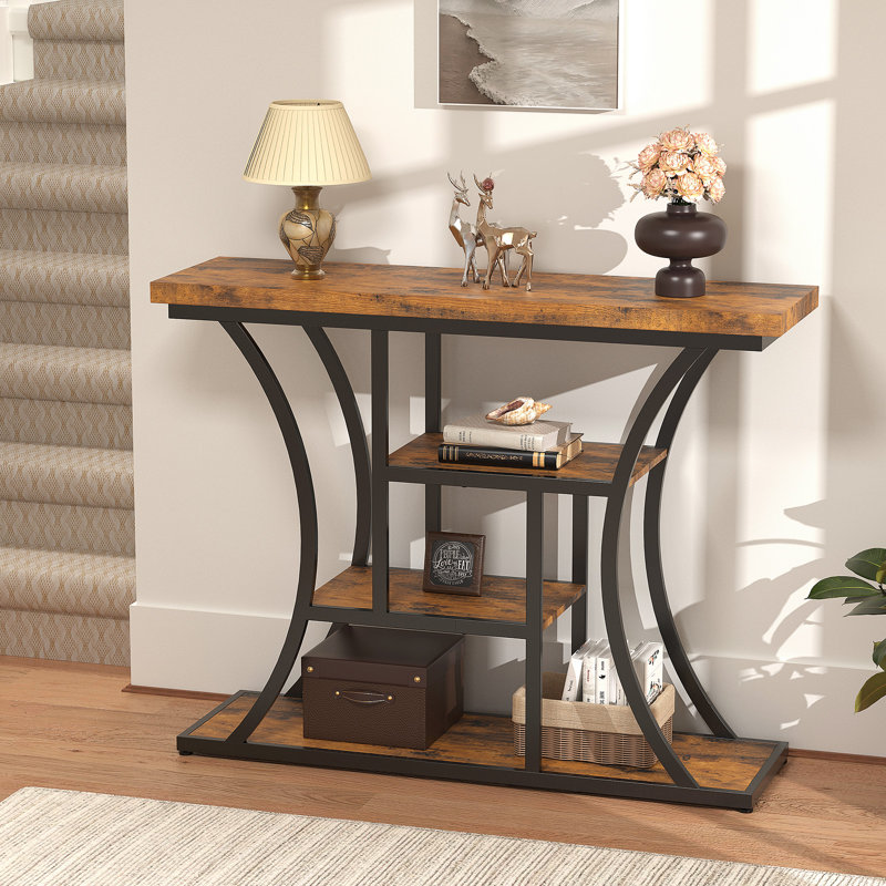 Console, table d'entrée étroite pour le couloir, table de vestibule mince brune et noire avec tablette de rangement, table d'entrée compacte pour petits espaces