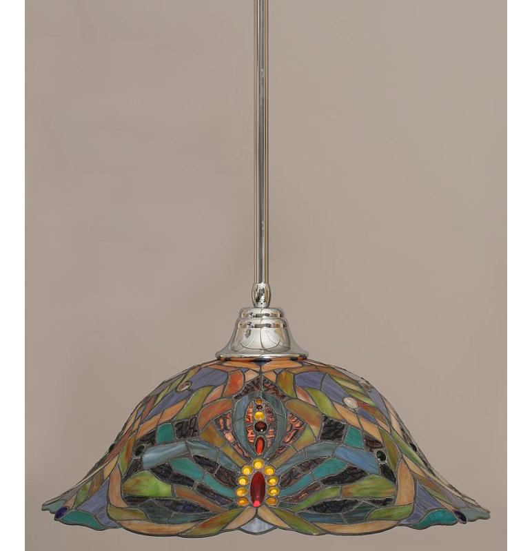 Stem Hung Pendant With Glass, Chrome, 18", Kaleidoscope Tiffany Glass