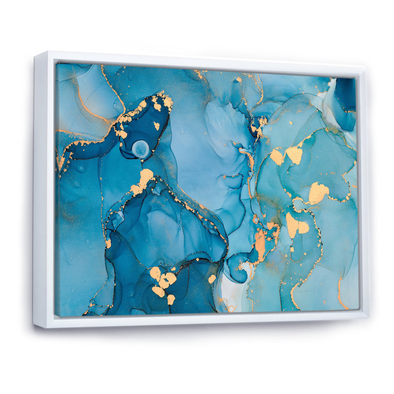 «Blue and Gold Luxury Abstract Fluid Art II», reproduction d'art sur toile moderne, H 24 po x l 32 po, Cadre flottant blanc