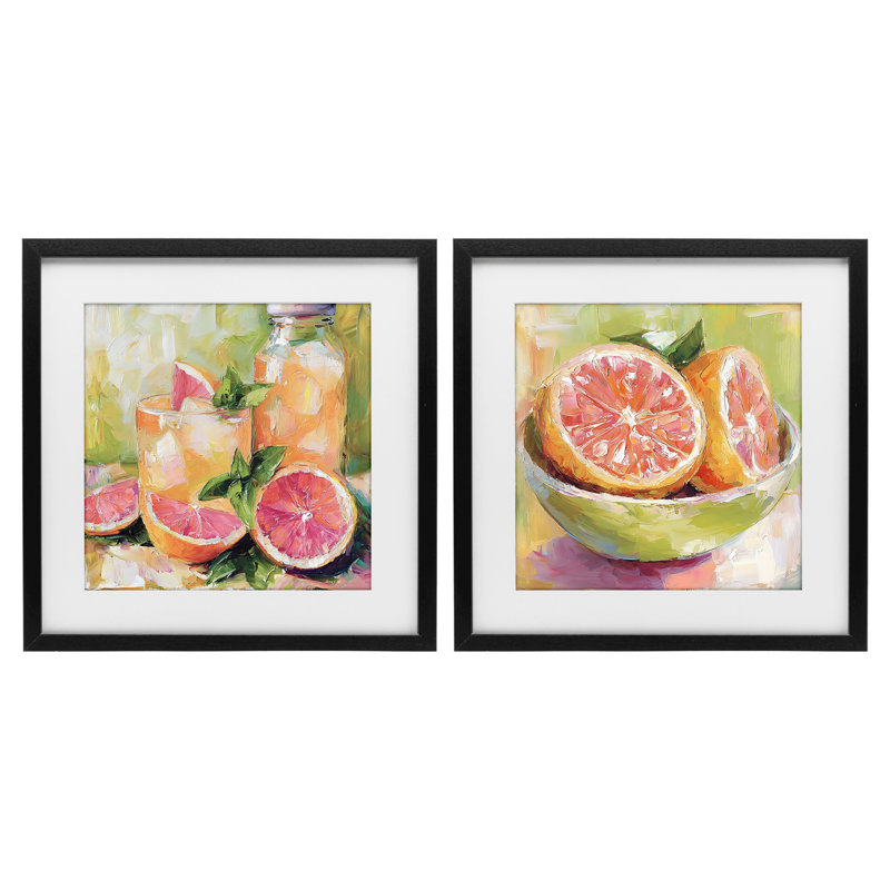 Grapefruit Drinks & Fruits, ensemble de 2 impressions sous verre encadrées, design par Riley B, 16 po x 16 po