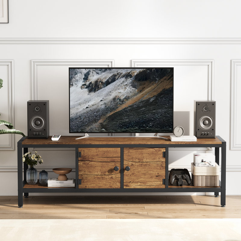 Meuble télé avec rangement pour téléviseurs de 75 po ou moins, centre de divertissement brun rustique avec armoires fermées et tablettes ouvertes