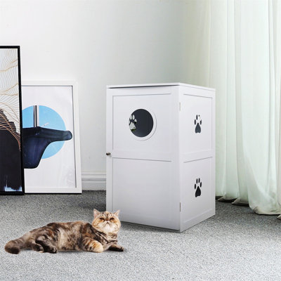 Maison pour chat à deux étages - Brun foncé - Couvercle pour bac à litière en bois fonctionnel à 2 niveaux avec évents multiples, entrée ronde, porte ouverte, brun