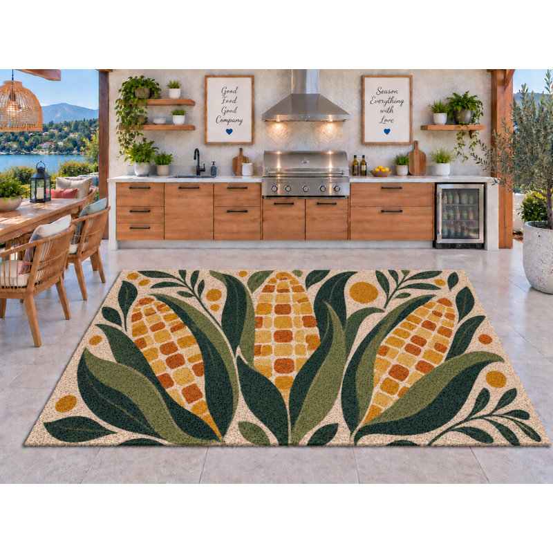 Tapis d'extérieur 5' x 7' à motif botanique d'épis de maïs, en PVC épais, imperméable et bouclé, idéal pour le jardin, la cuisine, le porche, la terrasse, le balcon ou l'entrée.