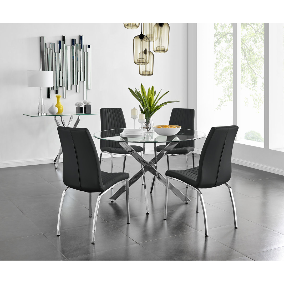 Tierra Sleek Metal and Glass Round Dining Table Set with 4 Faux Leather Upholstered Dining Chairs East Urban Home Chair 
