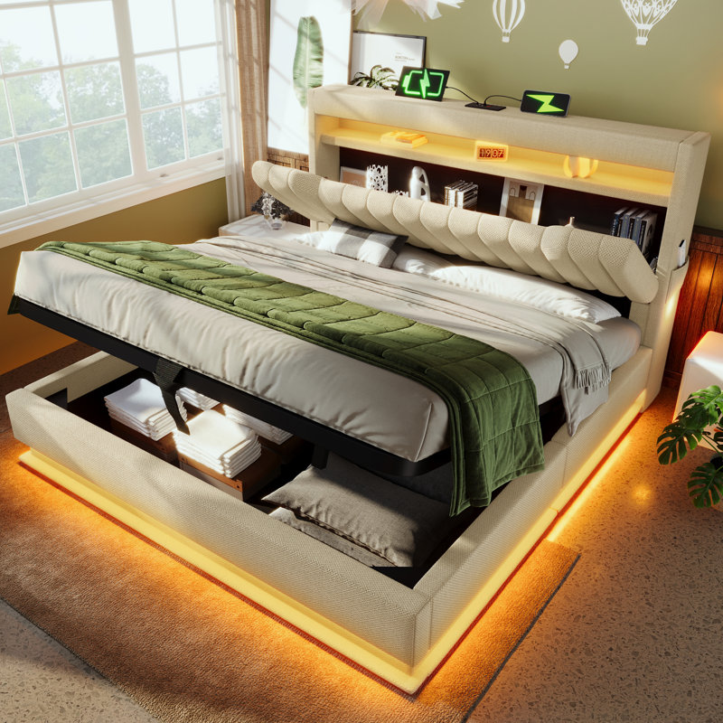 Metal Ottoman Storage Bed, Beige, Double (4'6)
