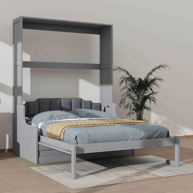 Grand lit escamotable à suspendre au mur avec coussin, cadre de lit pliable en bois se transformant en canapé, Gris