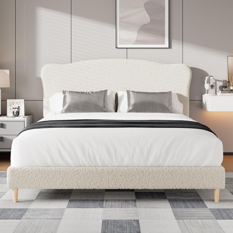 Structure de lit tapissier grand avec tête de lit, lit plateforme robuste à profil bas, robuste, lattes en bois, silencieux, sans sommier, beige