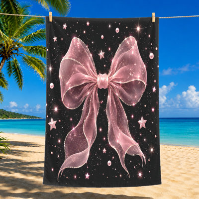 1Pcs Pink Bow Beach Towel, featuring a sparkling sheer with glitter accents and scattered stars dots on black background. Large microfiber for, travel, pool, unisex.