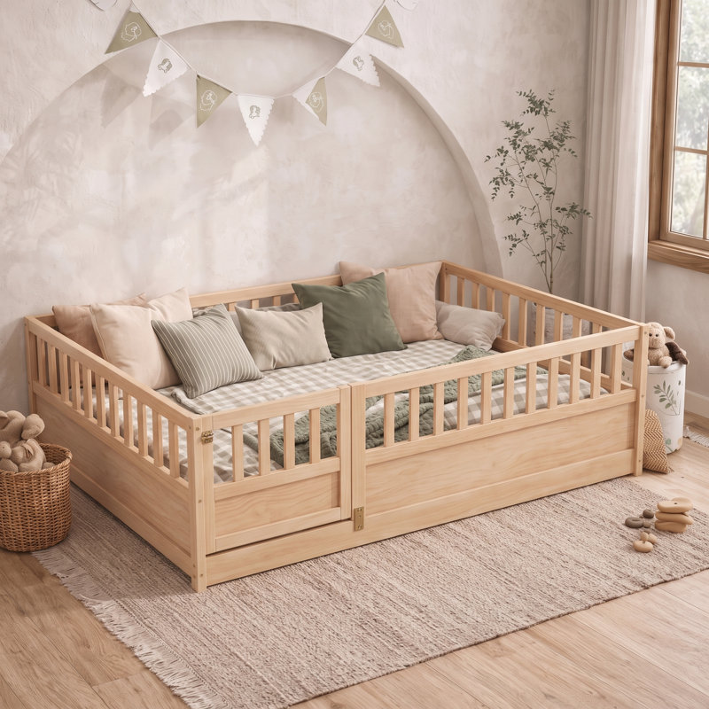  Lit sur pied en bois de taille Montessori avec barrière et porte haute sécurité, structure de lit pour enfant avec fabrication intégrée