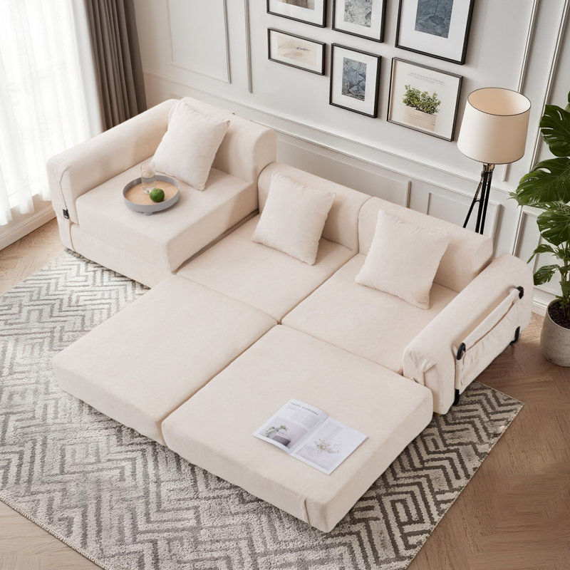 3-seater Boneless Convertible Folding Sofa Bed With Storage Pocket & Modular Design, Beige Polyester Blend