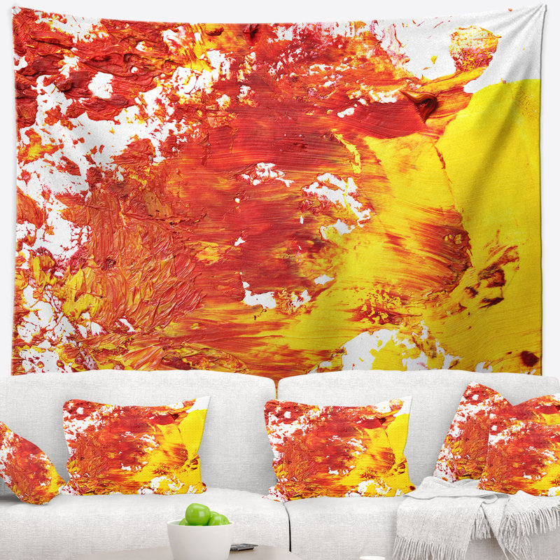 Tapisserie abstraite texturée rouge et jaune d'art, H 32 po x l 39 po