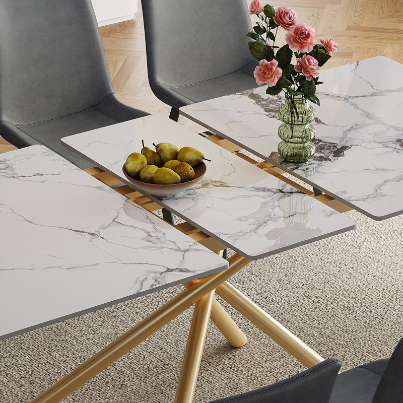 Table de salle à manger extensible avec rallonge rétractable et 8 chaises et table, 9 pièces : table, 8 chaises, Doré