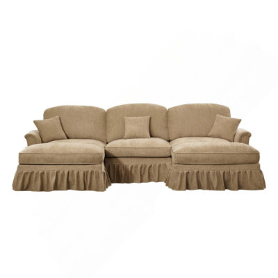 Elegant Mid-Century Large 3-Seat Flared Arms Modular Sofa Couch with Removable Ruffles Pleats Skirts & 2 Ottomans for Living Room