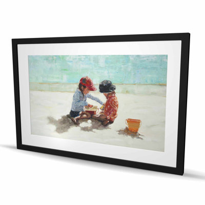 Petites filles à la plage - imprimé mat rouge encadré