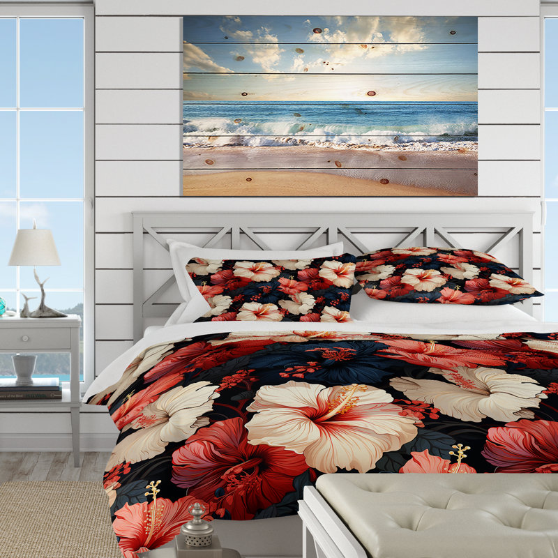 Literie Hibiscus Twilight Ii, Housse de couette pour grand lit et 2 taies décor