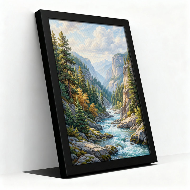 «Mountain River Winding Through Rocky Canyon», art mural sur toile, H 36 po x l 24 po