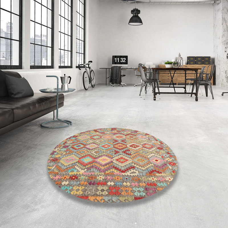 Tapis contemporain orange / rose, Rond 7 pi