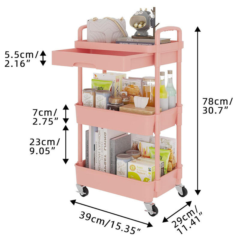Pink Metal 3-Tier Rolling Utility Cart with Drawer