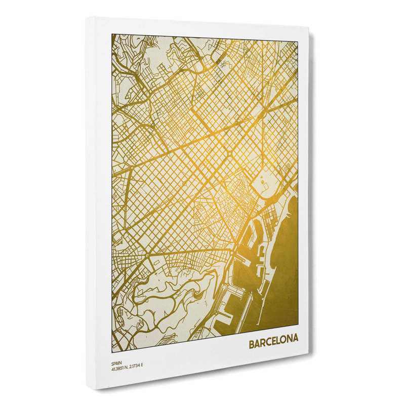 Map Barcelona Spain Gold Plate - Wrapped Canvas, 50cm H x 35cm W x 3cm D