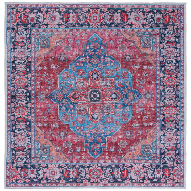 Kingsford Oriental Cotton Blue/Rust Area Rug, Square 6'7"
