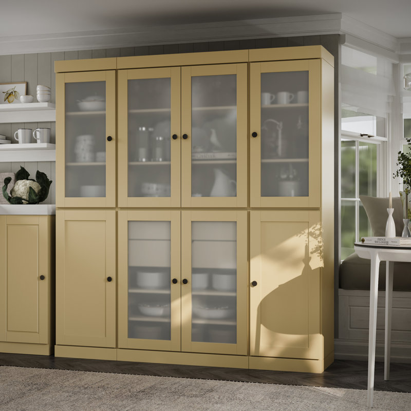 Garde-manger 100% en bois massif 65 po avec verre givré, portes Shaker, 2 tiroirs et tablettes réglables, Jaune