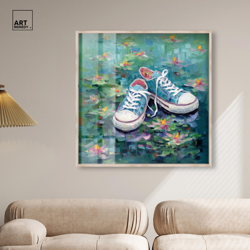 «Lily Pad Sneakers II Shadowbox Print Sneaker» par Art Remedy, H 41 po x l 41 po, Crème, crème
