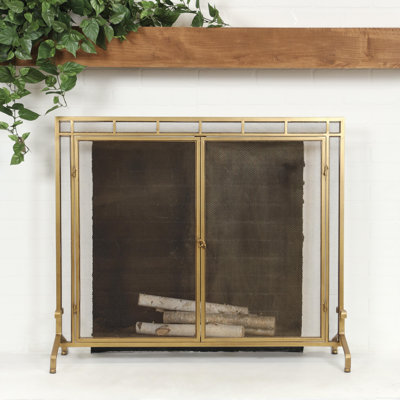 Metal Geometric Single Panel Fireplace Screen with Latched Doors and Arched Feet