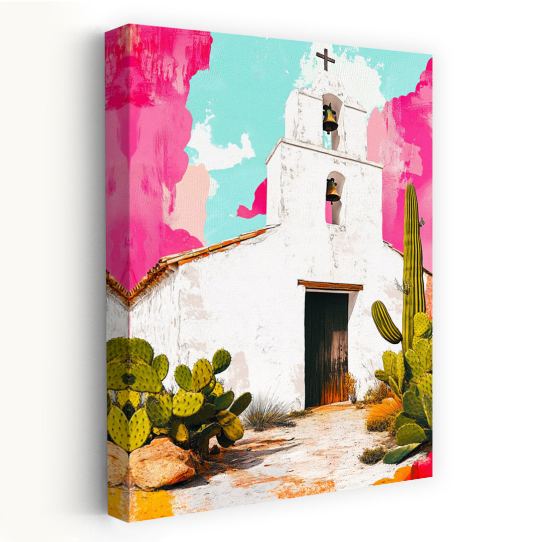 Vibrant Desert Mission Colorful Rustic Serene Cactus Architecture Landscape Wall Art Print