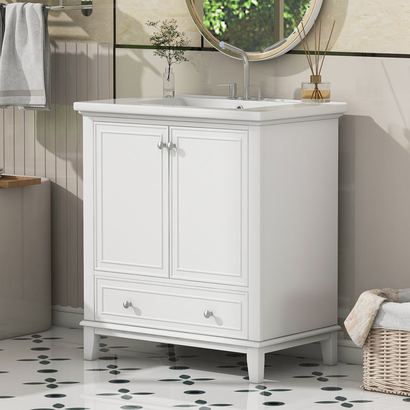 Meuble-lavabo multifonctionnel avec portes et tiroir Damos, Blanc