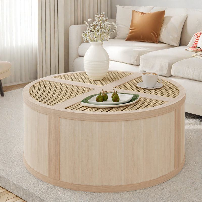 4 Pieces Round To Square Block Modular Coffee Table With Natural Rattan And 2 Tiers