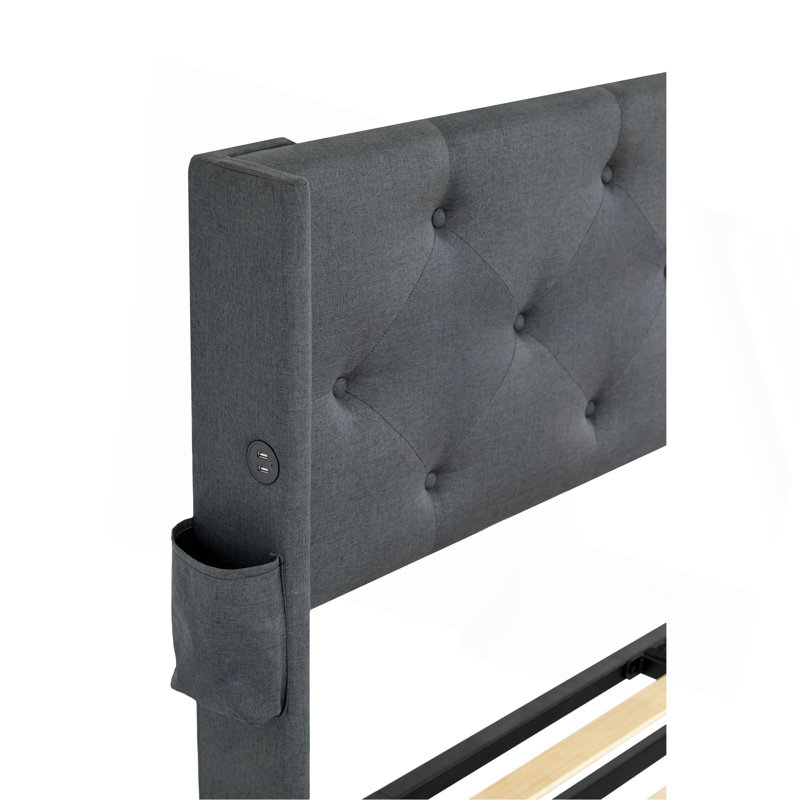 Structure de lit double avec lit de rangement à vérin à gaz avec tête de lit moderne à oreilles, ports USB, Lit double