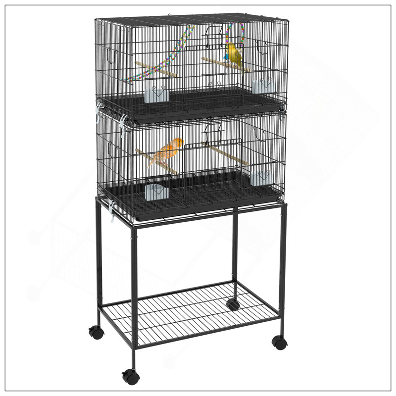 Double cage à oiseaux empilable avec support, balançoire en bois, échelle de corde et roues pour canaris, tourtereaux et pinsons